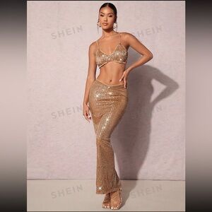Sequin top skirt set gold M 6 new